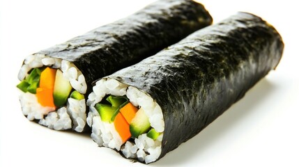 A freshly made sushi roll with fish and vegetables isolated on the white background