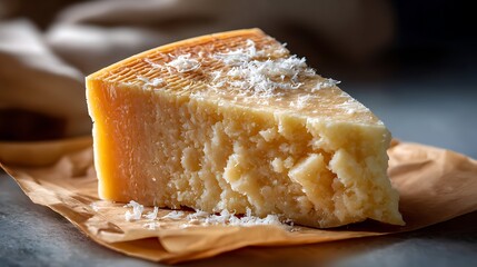 A slice of aged hard cheese with a crumbly texture, garnished with grated cheese on top.
