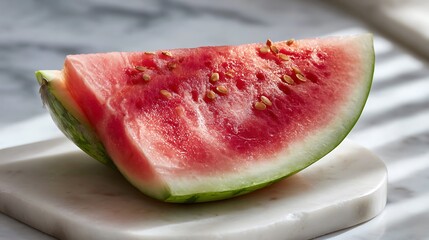 A fresh slice of watermelon with visible seeds, placed on a marble surface.
