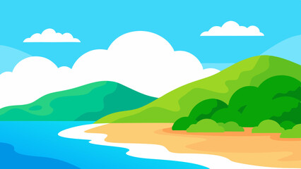 Obraz premium Stunning Colorful Tropical Beach with Crystal Clear Water and Lush Green Hills Vector Illustration Background