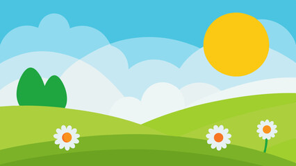 Obraz premium Charming Cartoon Meadow Landscape with White Daisies and Gentle Rolling Hills Vector Illustration Background