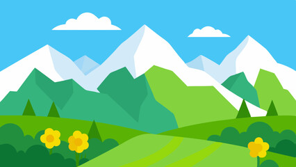 Obraz premium Tranquil Peaceful Green Valley with Distant Snow-Capped Mountains and River Vector Illustration Background