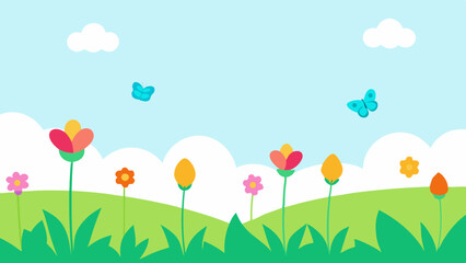 Lush Bright Wildflower Field with Fluttering Butterflies Under a Clear Blue Sky Vector Illustration Background