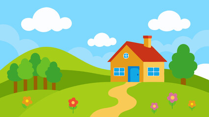 Naklejka premium Charming Cottage in a Cartoon Countryside with Flowering Hills Vector Illustration Background