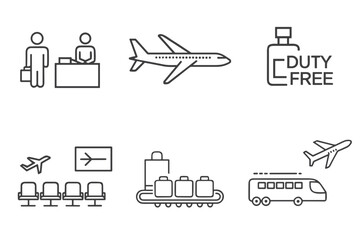 Airport Travel Icon Collection for Flight Booking Websites, Travel Apps and Aviation Services Featuring Airplane, Terminal and Passenger Elements
