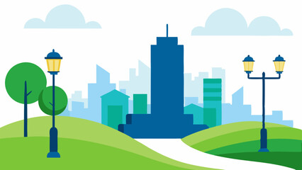 Serene Urban Park View with Elegant Lampposts Rolling Hills and Distant City Vector Illustration Background