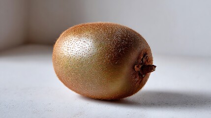 A single kiwi fruit resting on a light surface, showcasing its fuzzy brown skin and natural texture.