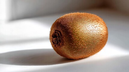 A single kiwi fruit resting on a white surface, illuminated by natural light.