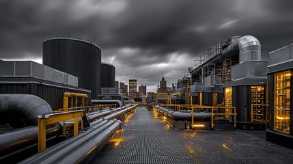 Industrial Power Plant at Dusk Dramatic Sky Pipes and Cooling Tower Energy Production