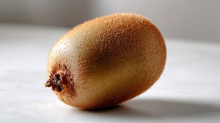 A single kiwi fruit with a fuzzy brown skin resting on a light surface