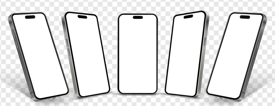Set of realistic vector smartphone mockups in various angles with blank white screens, perfect for UI/UX design presentations, app previews, and technology-related projects. Created in EPS