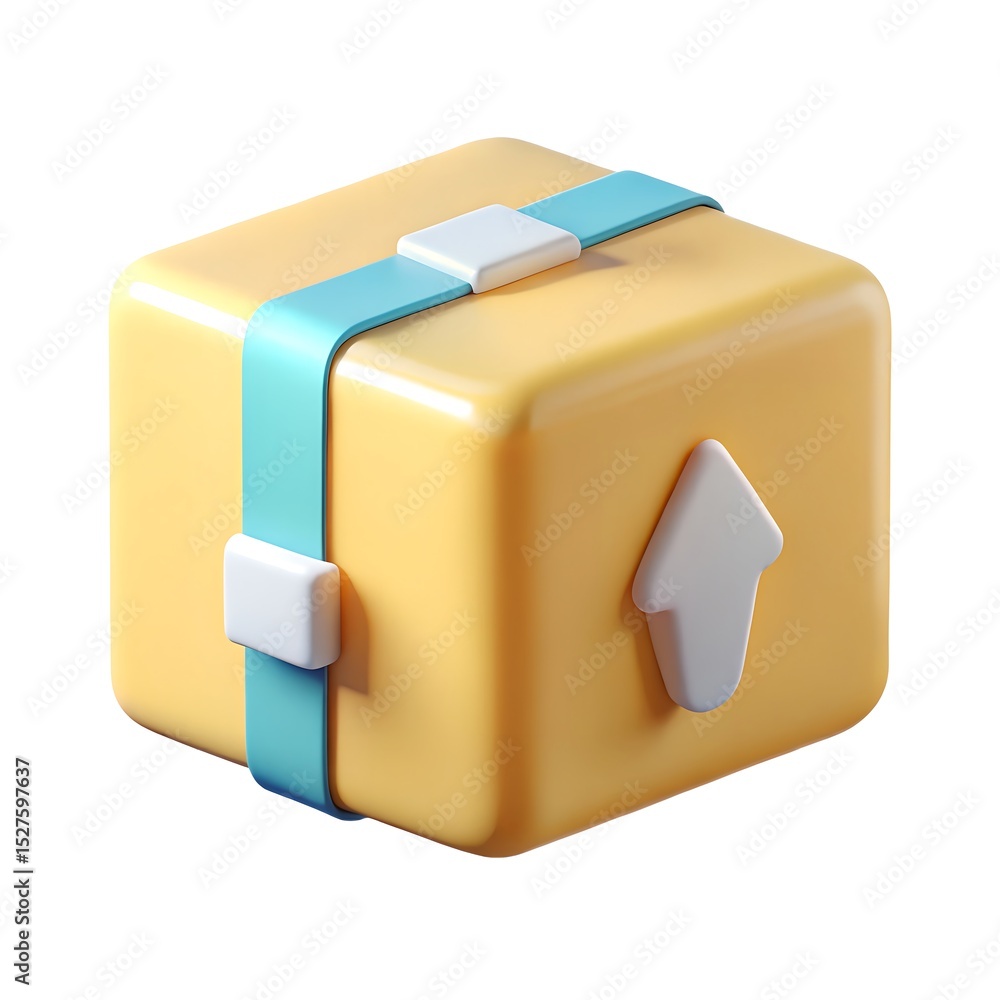Poster 3d render of a yellow cube with an up arrow and teal band