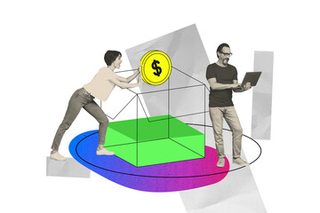 Full 3d poster art pop collage of two happy business partners girl guy hold laptop coin income...