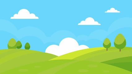 Expansive Wide Grassy Landscape with Rolling Hills and Scattered Trees Vector Illustration Background