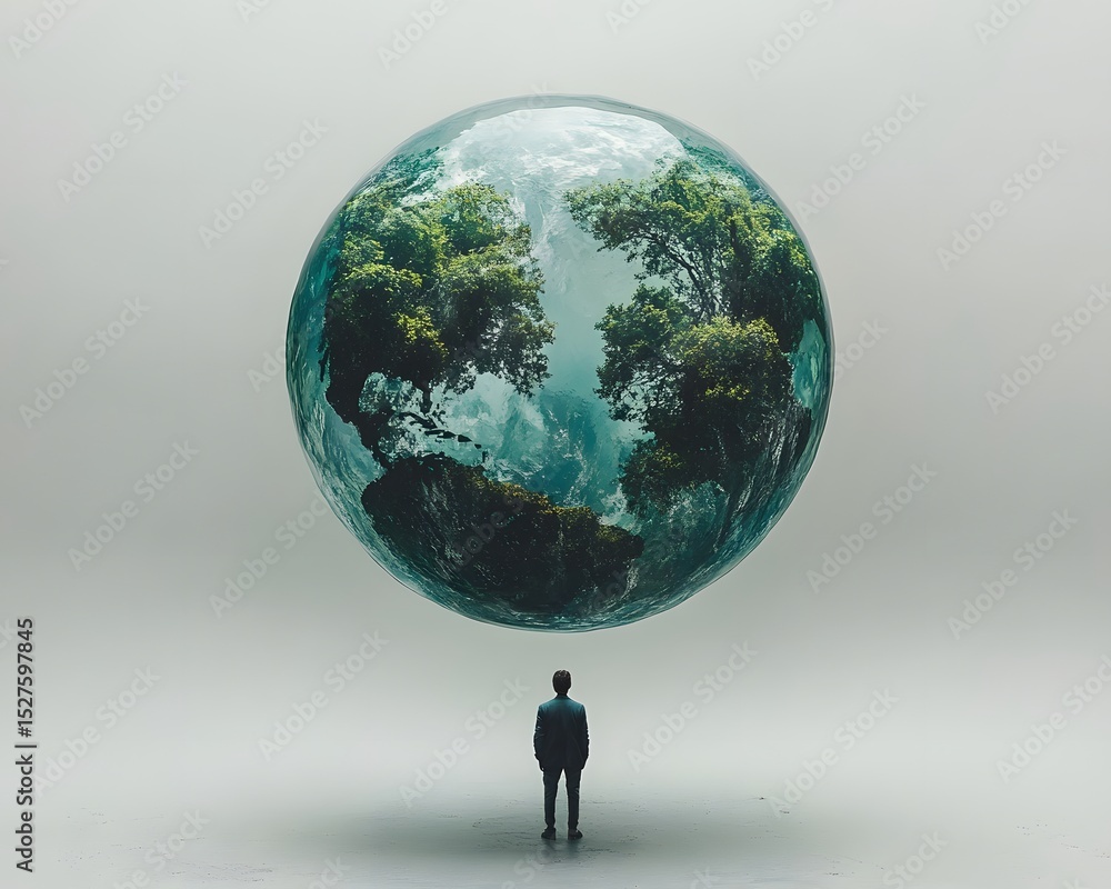 Poster a solitary figure stands before a transparent ethereal representation of the earth inviting reflecti