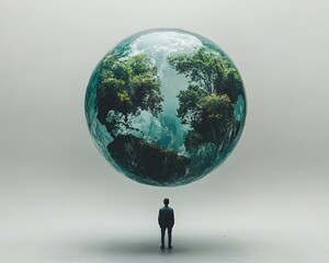 A solitary figure stands before a transparent ethereal representation of the Earth inviting reflection on the intricate relationship between humankind and the natural environment that sustains us