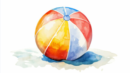 Vector illustration, watercolor painting depicts a classic beach ball with red, yellow, blue, on white background.