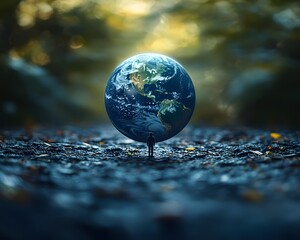 A fragile globe representing the Earth floats above the natural textured ground evoking a sense of the delicate balance between humanity and the planet s finite resources