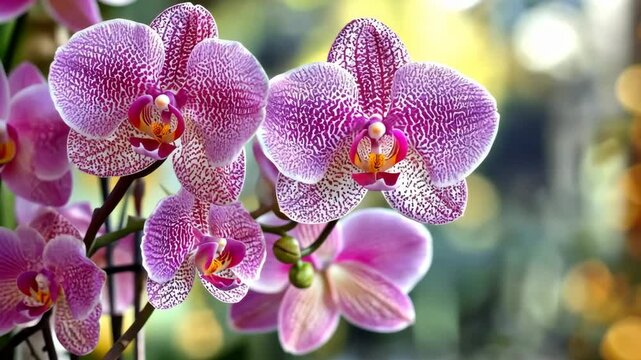 Close-up of vibrant pink orchids with intricate patterns. Soft focus background enhances the beauty of the flowers. Ideal for nature and floral themes. Generative 4k video.