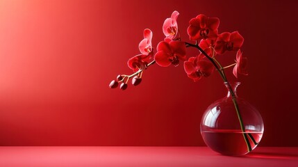 A red orchid branch is placed in a transparent glass vase on a red background. Adorn the space with vibrant flowers.