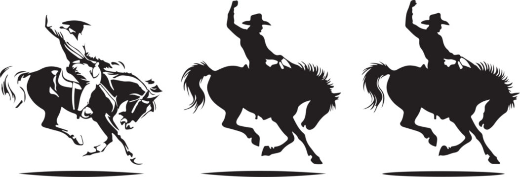 Silhouette of a cowboy riding a bucking bronc horse in black and white graphic design