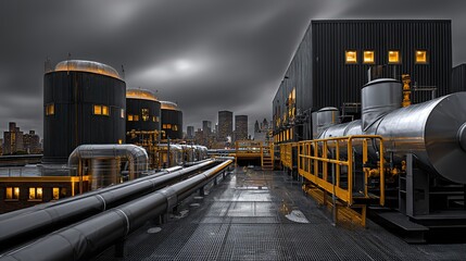 Industrial Power Plant at Dusk Dramatic Sky Pipes and Cooling Tower Energy Production
