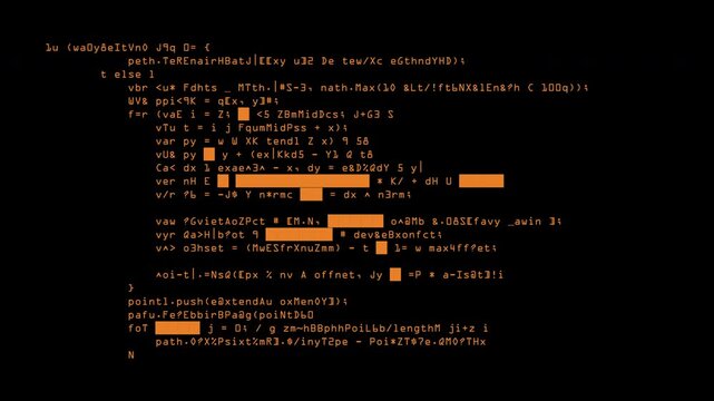Encrypted computer code. Fast typing of orange text on black background.