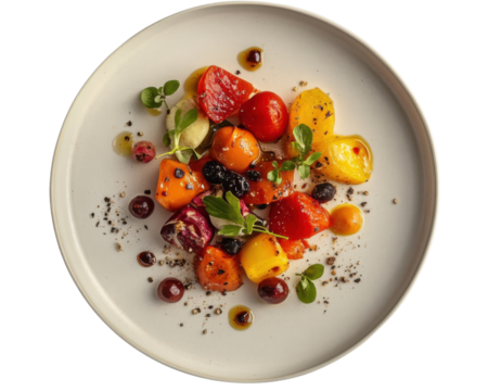 Heirloom tomato salad with fresh herb, pepper and oil drops on plate