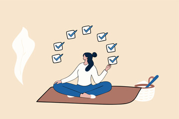 Work focus, concentration to complete tasks, efficiency or productivity success, multitasking, organize or planning to finish work concept, businesswoman meditate focus on work completed checkbox.