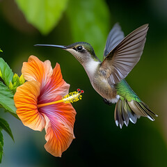 Fototapeta premium Hummingbird Hovering at Hibiscus, High-Speed Stock for Educational Content