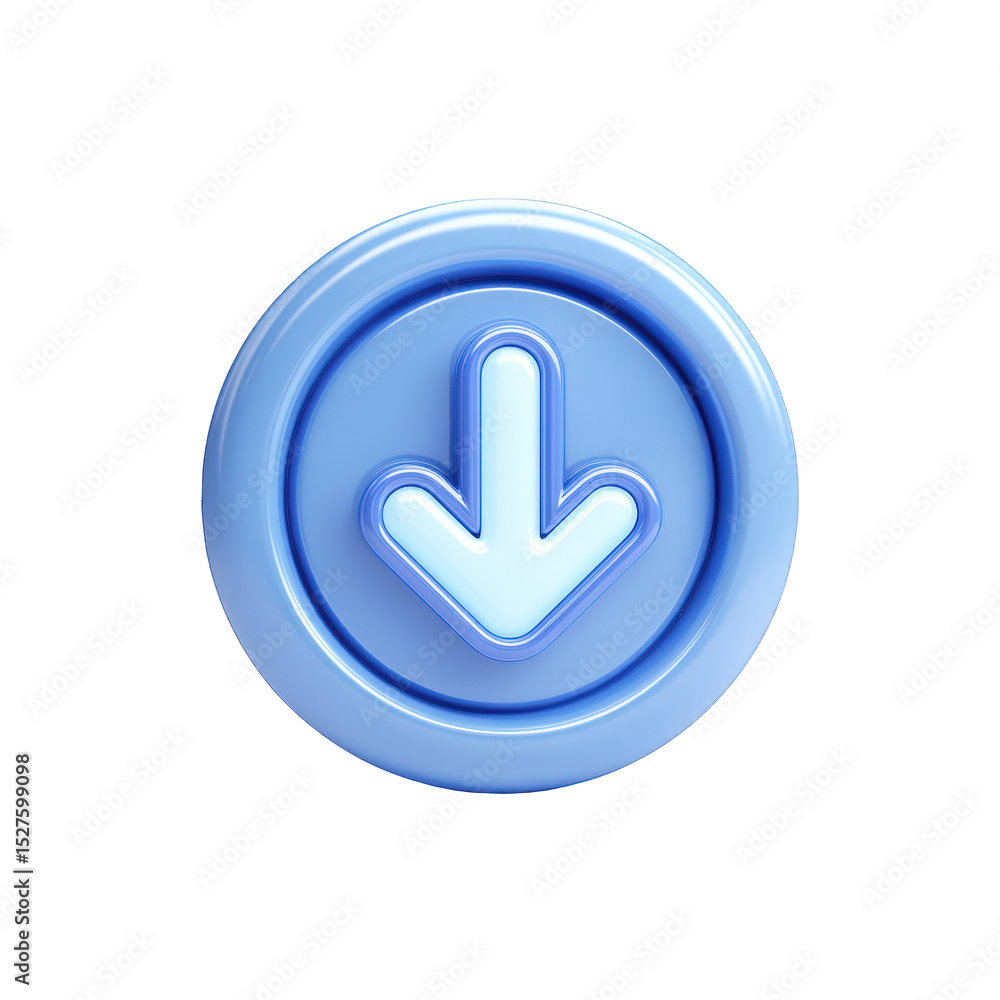 Aufkleber Glossy blue download button icon 3d render bright light modern design user interface element web application download arrow symbol digital interface ui ux on transparent background