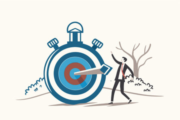 Time management to finish work within deadline, productivity or efficiency to reach goal, project timeline concept, smart businessman holding bow after shot at bullseye target on stopwatch.