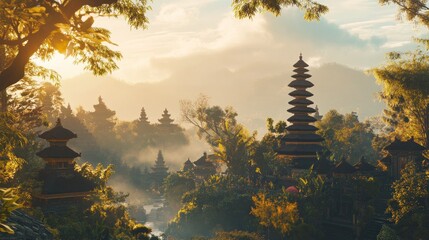 A scenic view of a traditional, historical temple located in beautiful Bali, Indonesia
