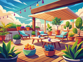 Obraz premium vector of Cozy roof terrace with comfortable chairs and plants in beautiful wooden pots...