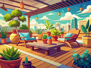 Fototapeta premium vector of Cozy roof terrace with comfortable chairs and plants in beautiful wooden pots...