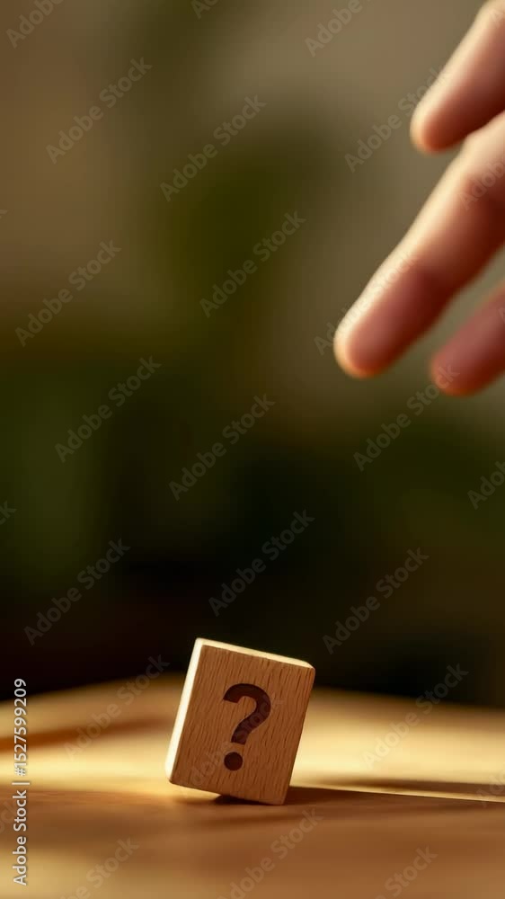 Poster Wooden cube with question mark falling on a wooden table, representing choices, decision making, and the search for answers in problem solving, strategy, and business contexts