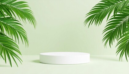 Fototapeta premium Luxury podium display with palm leaf - green tropical plant on pastel olive background. Round white platform, pedestal for cosmetic product showcase. Elegant 3d stage summer, eco friendly concept 
