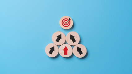 Business growth success achievement concept, arranging wooden block stacking as step stair or ladder for planning development leadership and customer target group concept.