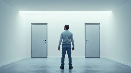 Professional businessman standing at crossroads, contemplating two doors in minimalist white room, representing career decision making and strategic life choices