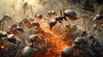 A massive swarm of ants battles over a fiery, volcanic nest.  Fiery chaos erupts from a dark, rocky mound.  Ants in various stages of struggle, some grappling