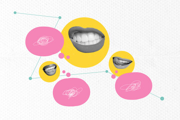 Poster trend sketch template 3D photo collage of comic speech box cloud dialogue lips speech gossip...