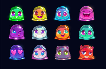 Little cute cartoon colorful glitter slime characters set. Funny jelly baby monsters, emoji set. Group of comic slimy aliens. Multicolored assets for game design.