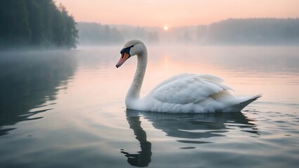 Fototapeta premium A white swan quietly glides across a misty lake at dawn, reflecting in the calm water.