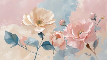 Large delicate flowers of pastel colors on abstract pastel background, floral poster