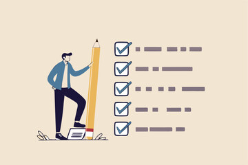 Getting things done, completed tasks or business accomplishment, finished checklist, achievement or project progression concept, businessman expert holding pencil tick all completed task checkbox.