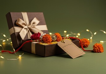 Gift box with rakhi, marigold flowers, and decorative elements  