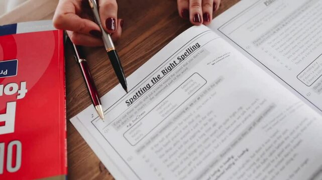 Pointing at printed test paper while studying English language material with textbook