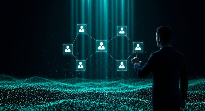 Businessman Interacting with Holographic Network of People, Representing Global Connectivity and Teamwork