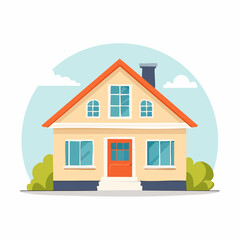 Dream Home: Charming illustration captures a cozy house with a red door and vibrant surroundings, perfect for real estate projects, home design.