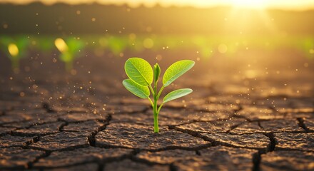 Resilient Young Plant Sprouting in Dry Cracked Earth at Sunset, Symbol of Growth and Hope